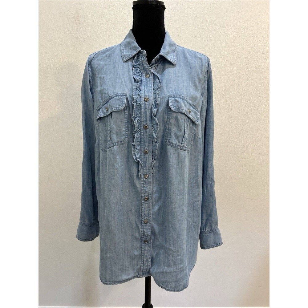 Talbots Womens Sz 1X Denim Shirt Blue Long Sleeve Roll Tab Button Up Ruffle Trim
